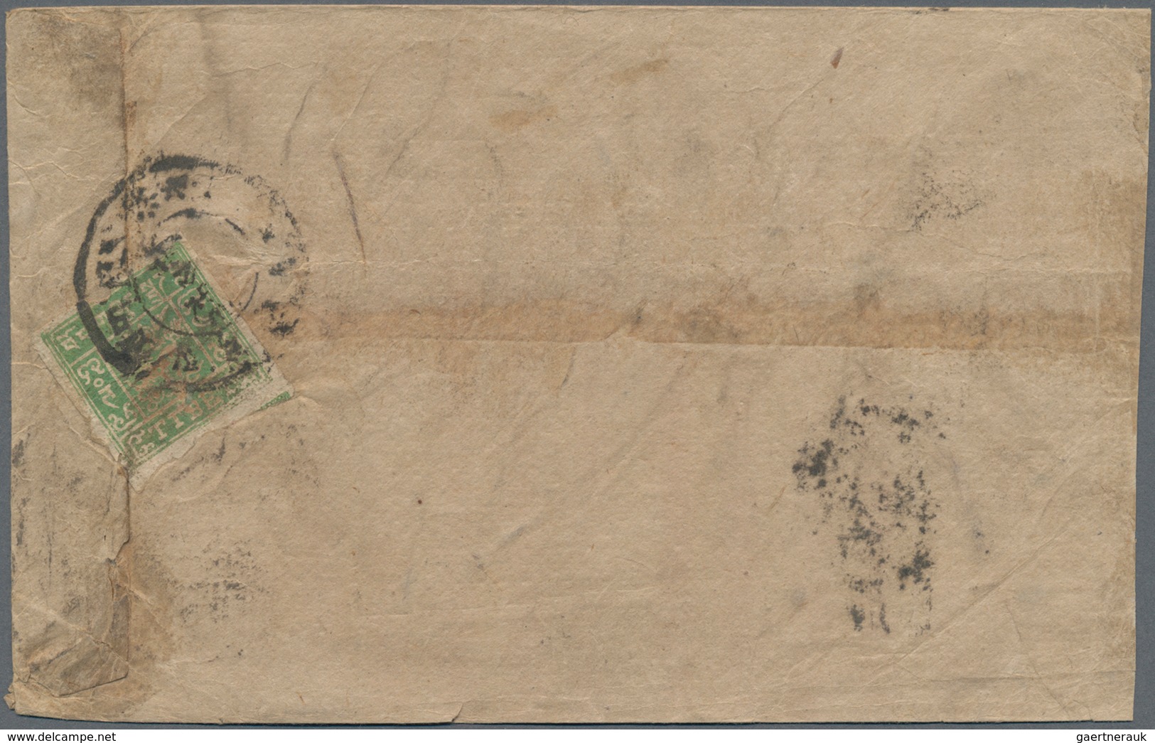 Tibet: 1912, 1/6 T. Light Olive Tied Intaglio Mark To Inland Cover With Embossed Crested Blue Mark O - Asia (Other)