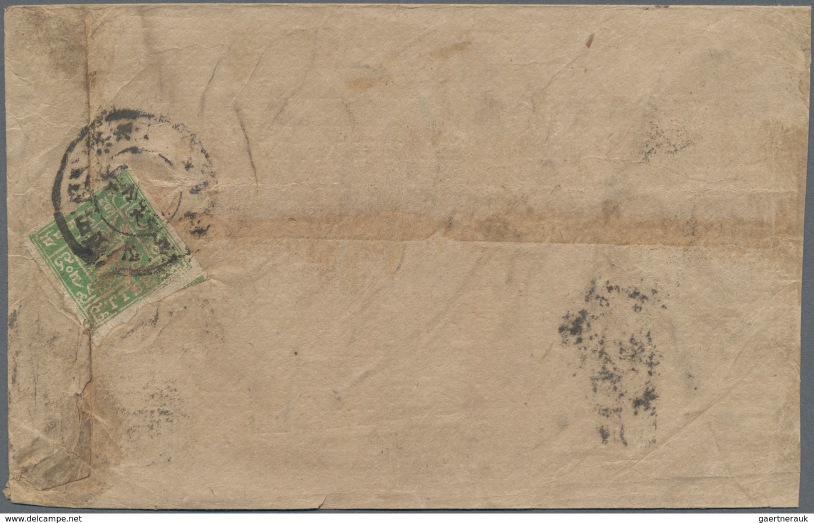 Tibet: 1912, 1/6 T. Light Olive Tied Intaglio Mark To Inland Cover With Embossed Crested Blue Mark O - Andere-Azië