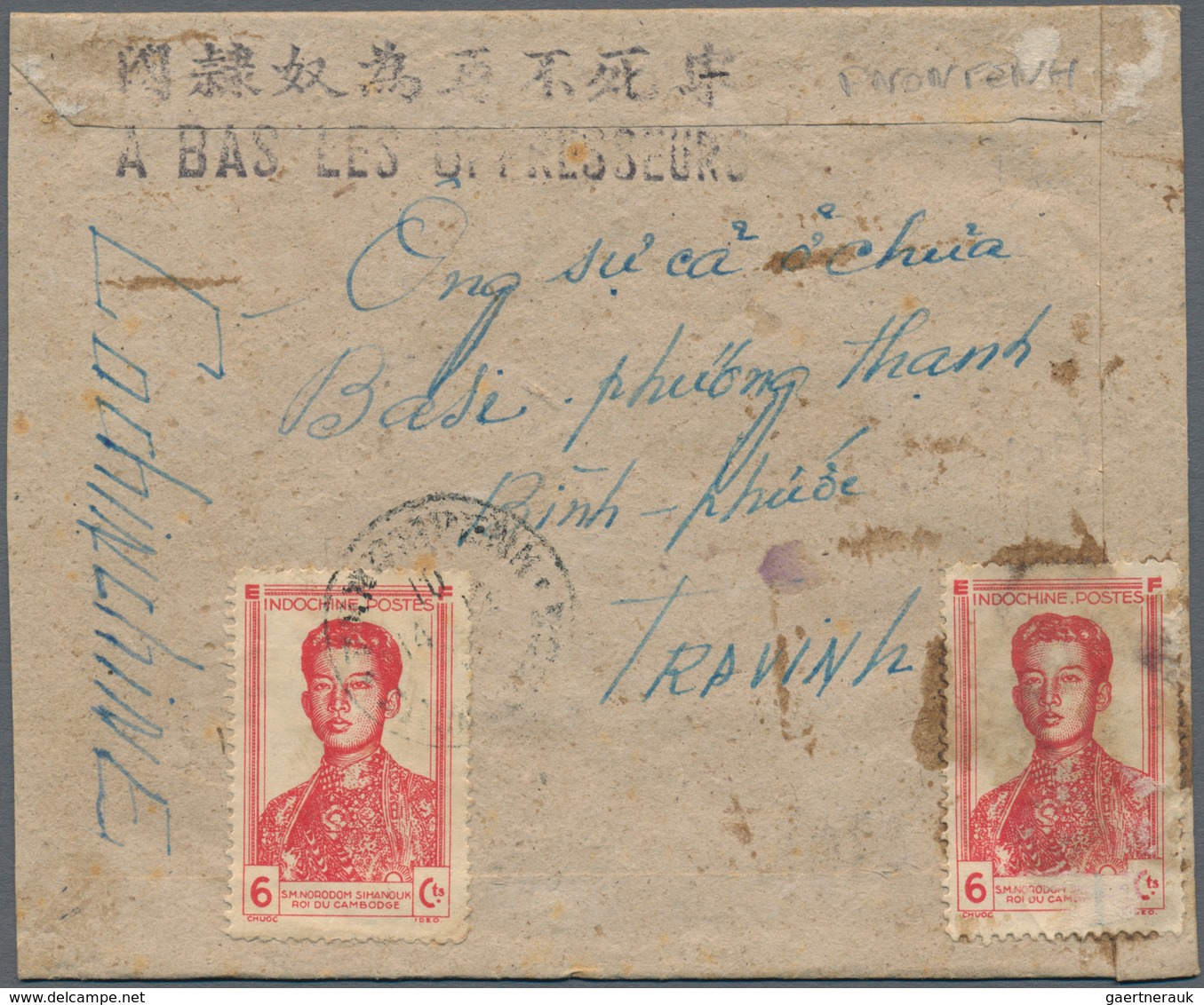 Vietnam-Nord (1945-1975): 1945, Sihanouk 6 C. (3) Used "PNOM PENH 14 12.." To Small Cover To Travinh - Vietnam