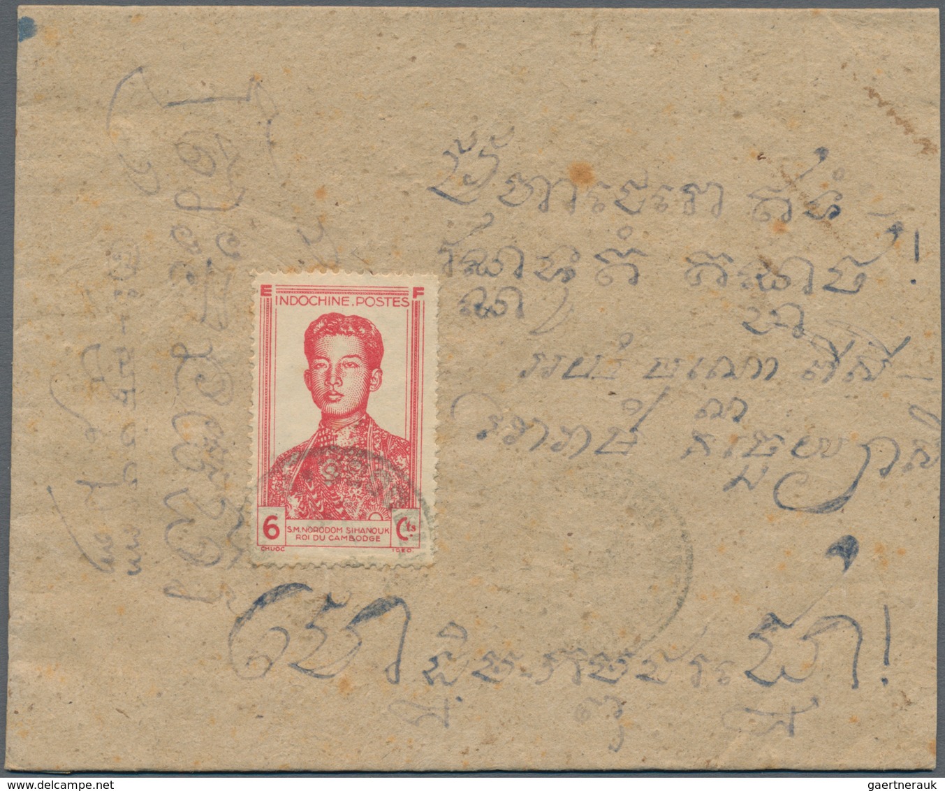 Vietnam-Nord (1945-1975): 1945, Sihanouk 6 C. (3) Used "PNOM PENH 14 12.." To Small Cover To Travinh - Vietnam