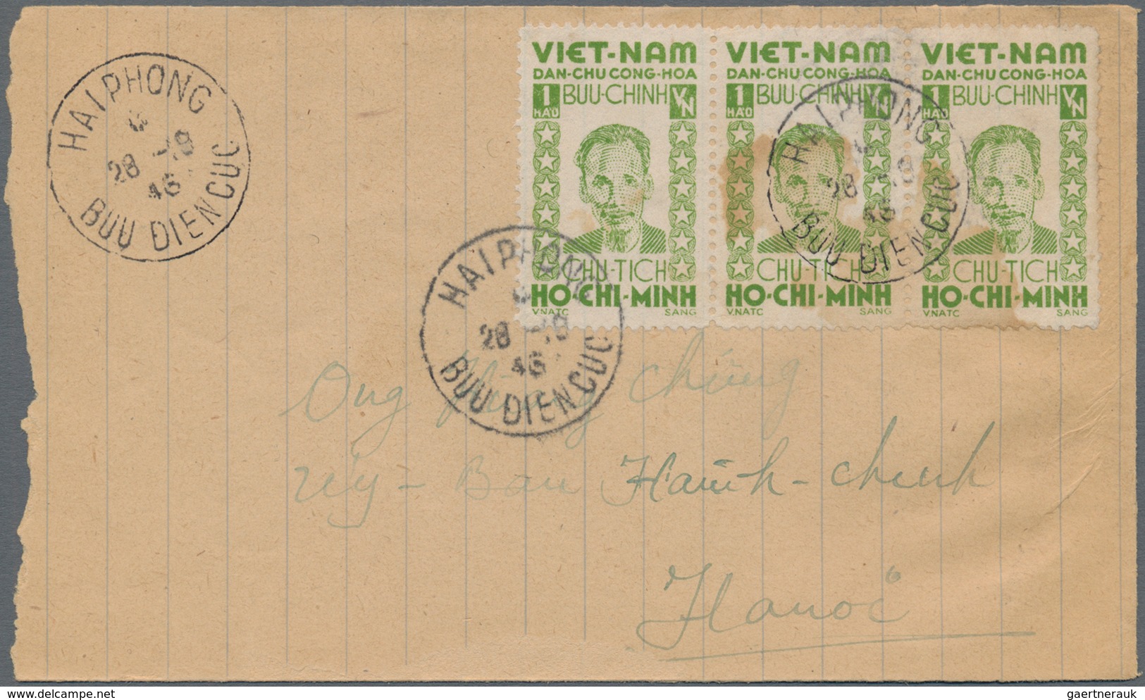 Vietnam-Nord (1945-1975): 1946, HoChi Minh 1 Mao, A Horizontal Strip-3 Tied "HAIPHONG 28-10 46" To S - Vietnam