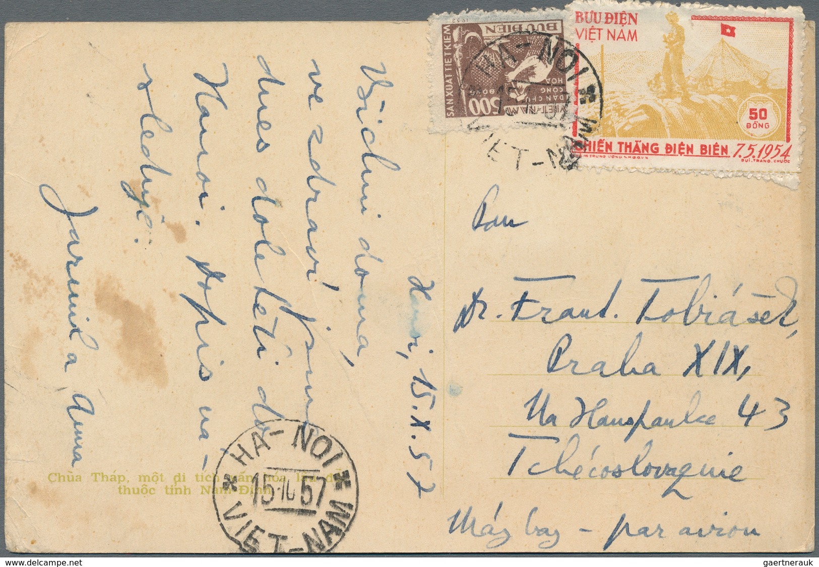 Vietnam-Nord (1945-1975): 1957. Colored Postcard With A Mixed Franking Of Michel Nr. 8 And 13a To Cz - Vietnam