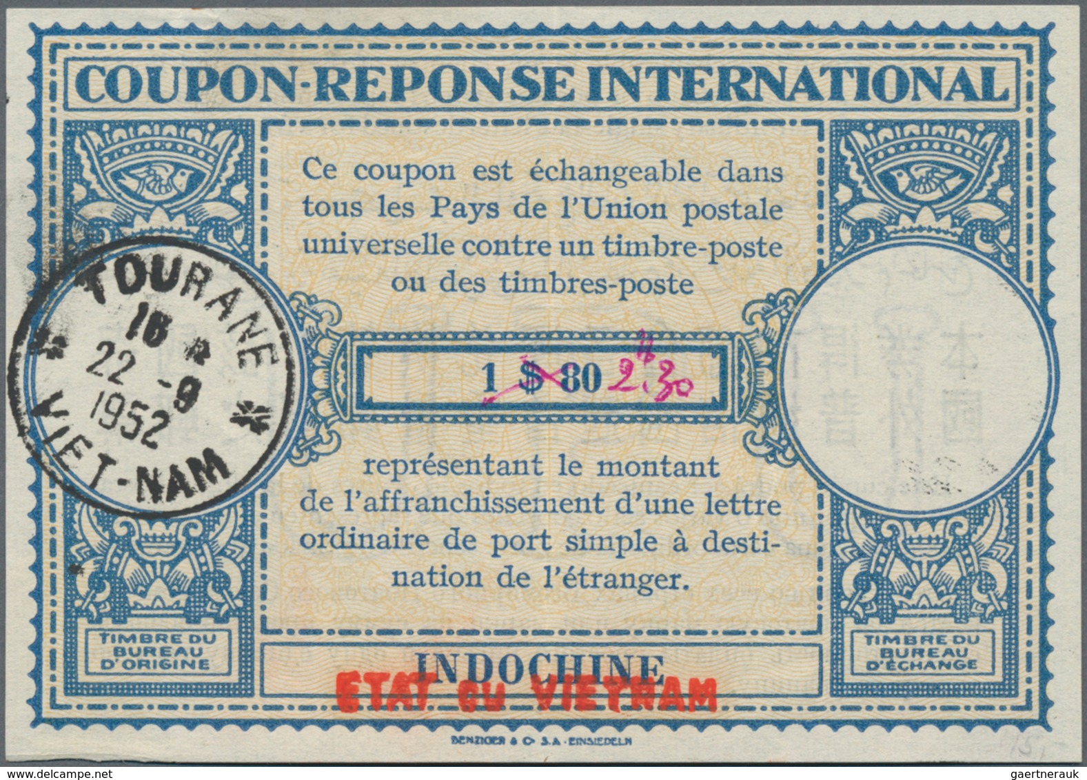 Vietnam - Besonderheiten: 1952 International Reply Coupon From Indochine With Overprint "État Du Vie - Vietnam