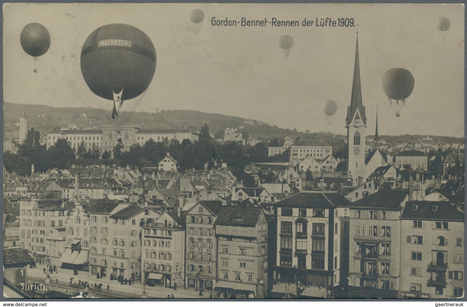 Thematik: Ballon-Luftfahrt / Balloon-aviation: 1909, Zürich/Gordon Bennet, Ballon-Wettfliegen. Selte - Trees