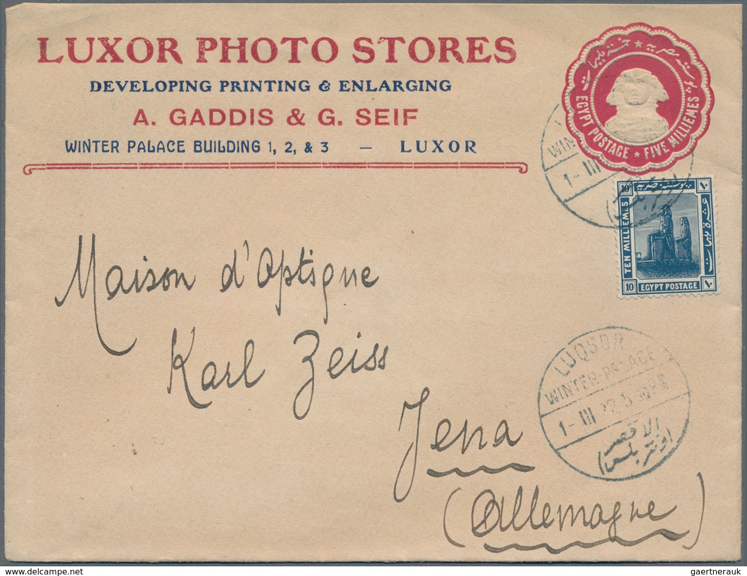 Thematik: Foto / Photo: 1922, Egypt, 5 M Carmine Postal Stationery Envelope, Uprated With 10 M Blue - Fotografie