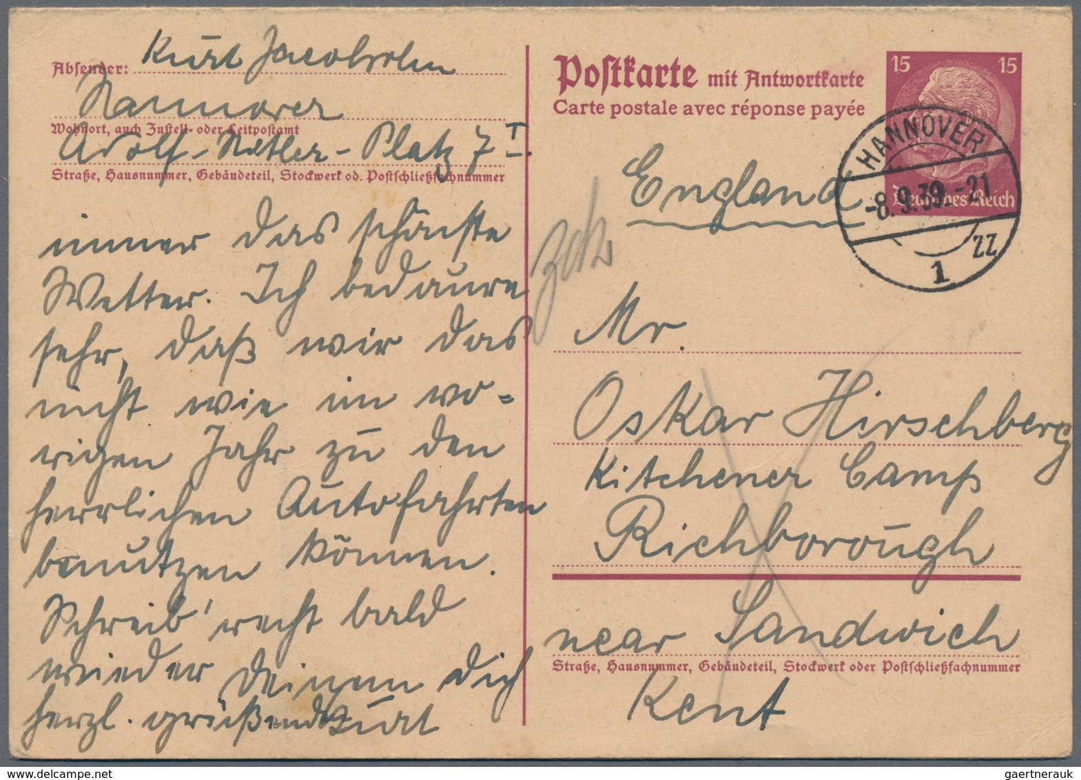 Thematik: Judaika / Judaism: 1939, 15 Pf Hindenburg Postal Stationery Reply-card, Sent From Hannover - Unclassified