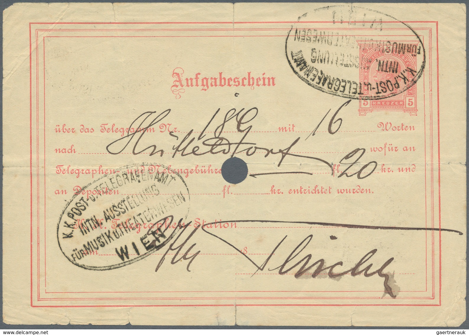 Thematik: Musik / Music: 1892, Telegrammaufgabeschein 5 Heller Mit Sehr Seltenem Sonderstempel "K.K. - Music