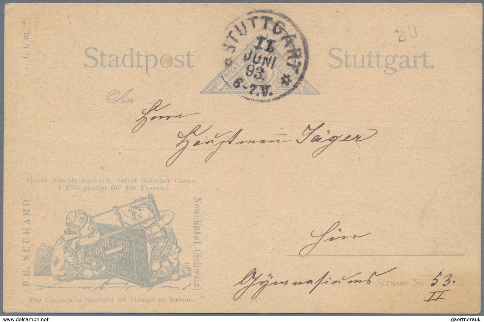 Thematik: Nahrung-Schokolade / Food-chocolate: 1893/1895, Stadtpost Stuttgart. Lot Von 2 Postkarten - Food