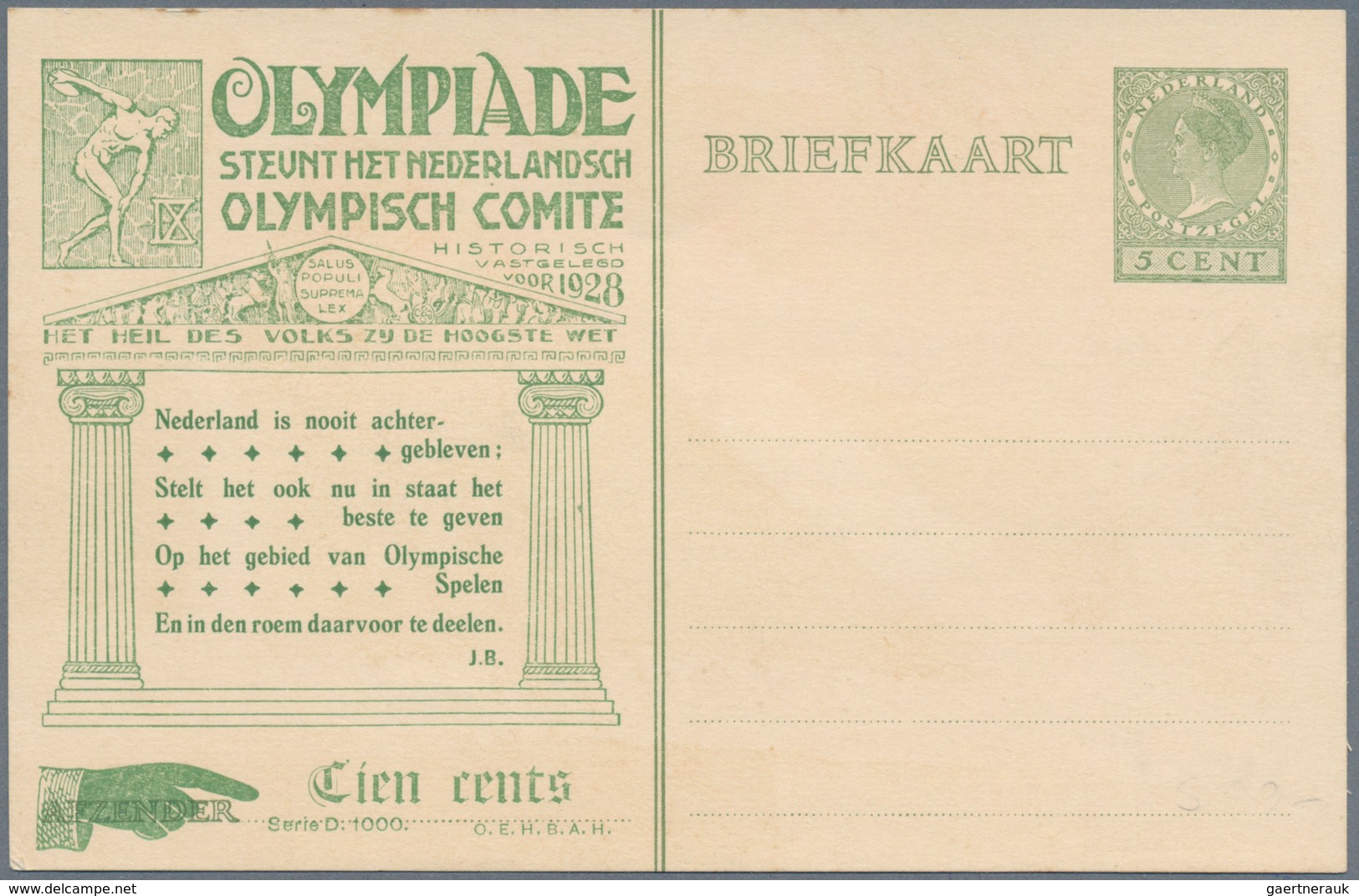 Thematik: Olympische Spiele / Olympic Games: 1928, Niederlande, 5 C Privat-Ganzsachenkarte Für Die O - Autres & Non Classés