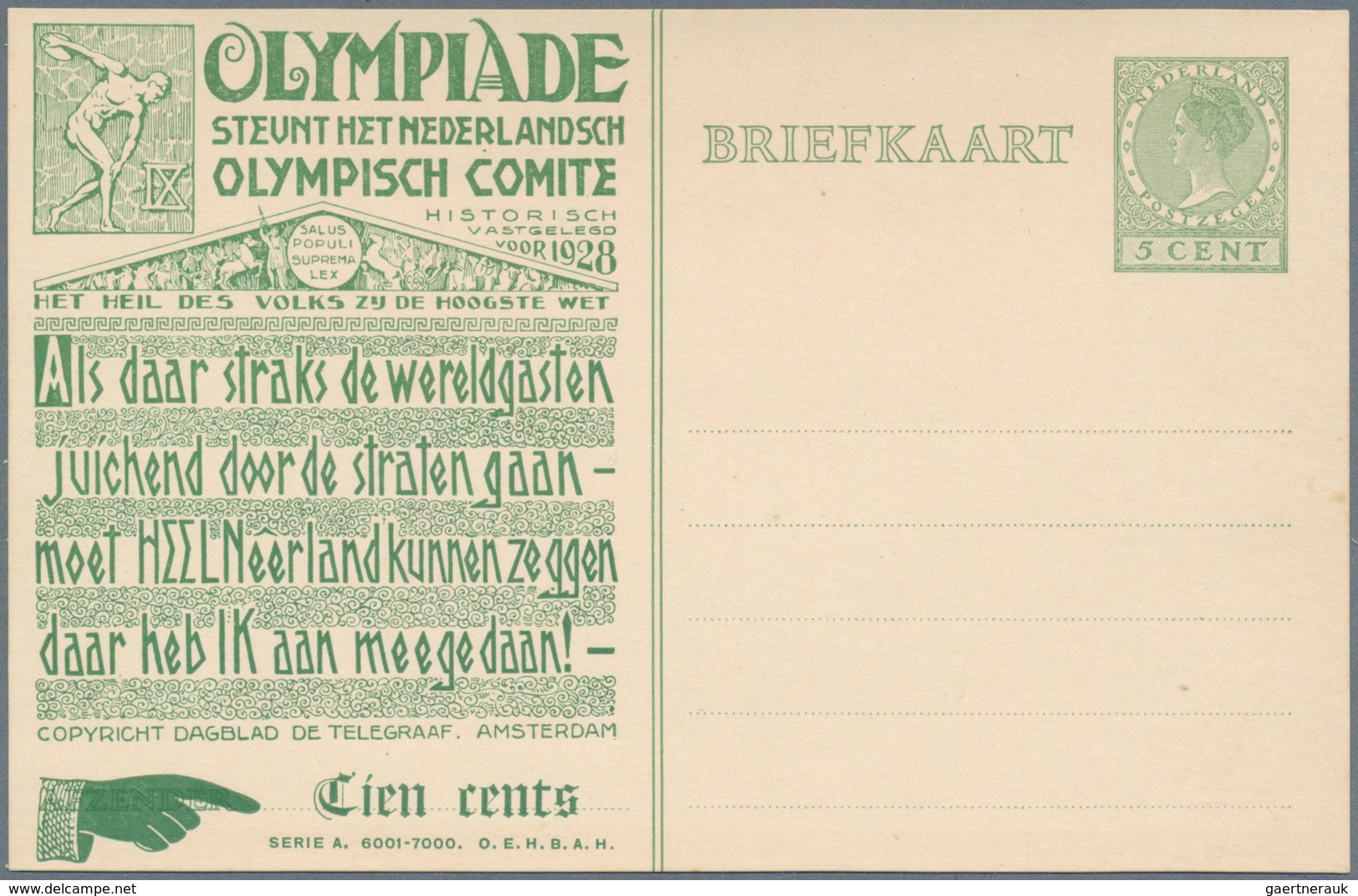 Thematik: Olympische Spiele / Olympic Games: 1928, Niederlande, Olympia-Privatganzsache 5 C. Grün Se - Andere & Zonder Classificatie