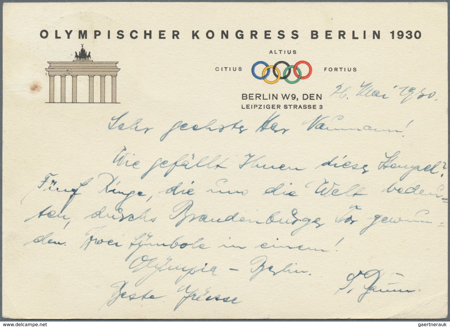 Thematik: Olympische Spiele / Olympic Games: 1930, BERLIN - OLYMPIC CONGRES. Official Printed Souven - Andere & Zonder Classificatie