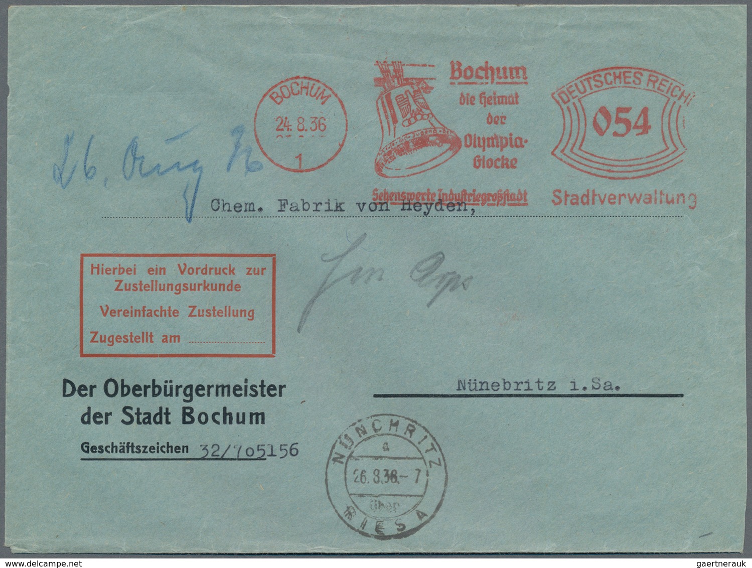 Thematik: Olympische Spiele / Olympic Games: 1936, Dt. Reich. Freistempler " 54 Pf Bochum 24.8.36 - - Other & Unclassified