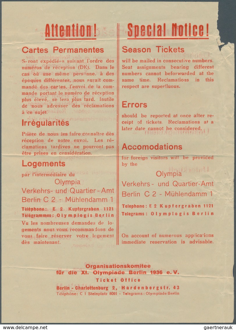 Thematik: Olympische Spiele / Olympic Games: 1936 Deutsches Reich, Einschreibe-Vordruckumschlag Mit - Andere & Zonder Classificatie
