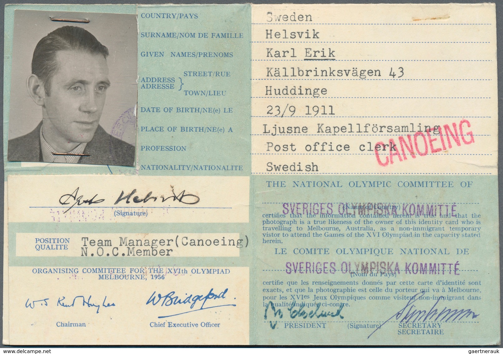 Thematik: Olympische Spiele / Olympic Games: 1956, Sweden For Melbourne '56. IDENTITY CARD For Karl - Other & Unclassified