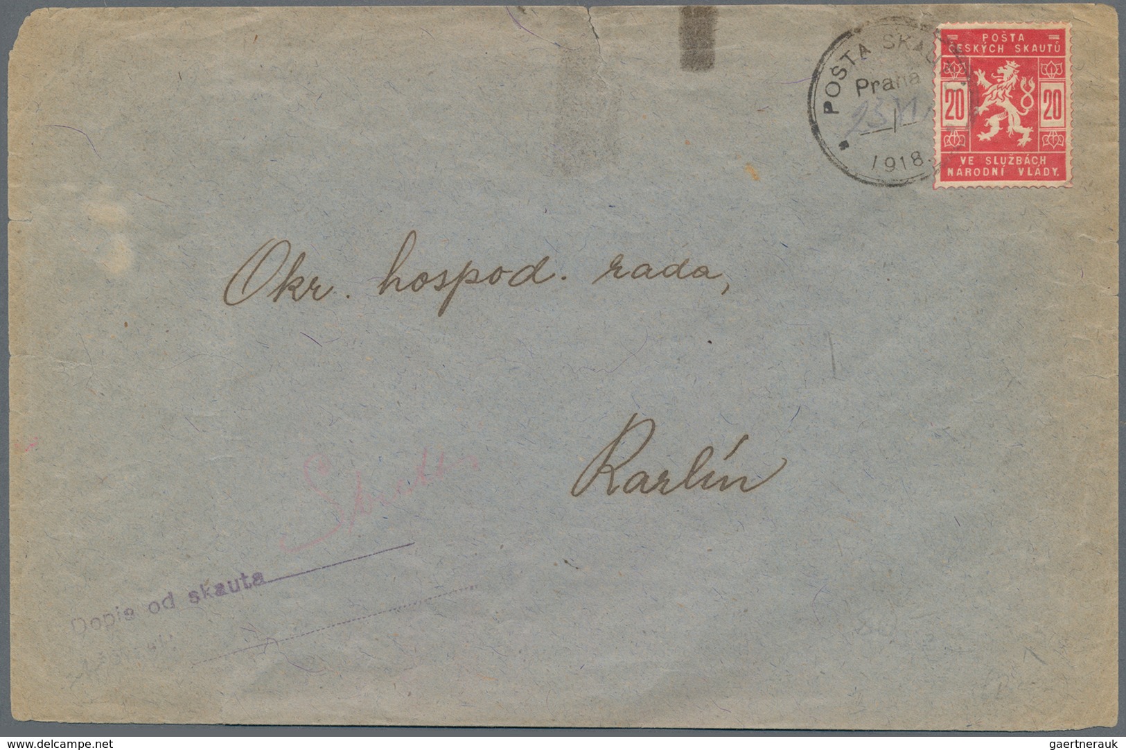 Thematik: Pfadfinder / Boy Scouts: 1918, Czechoslovakia. Cover With 20h Skauten, Skauten Postmark (P - Andere & Zonder Classificatie