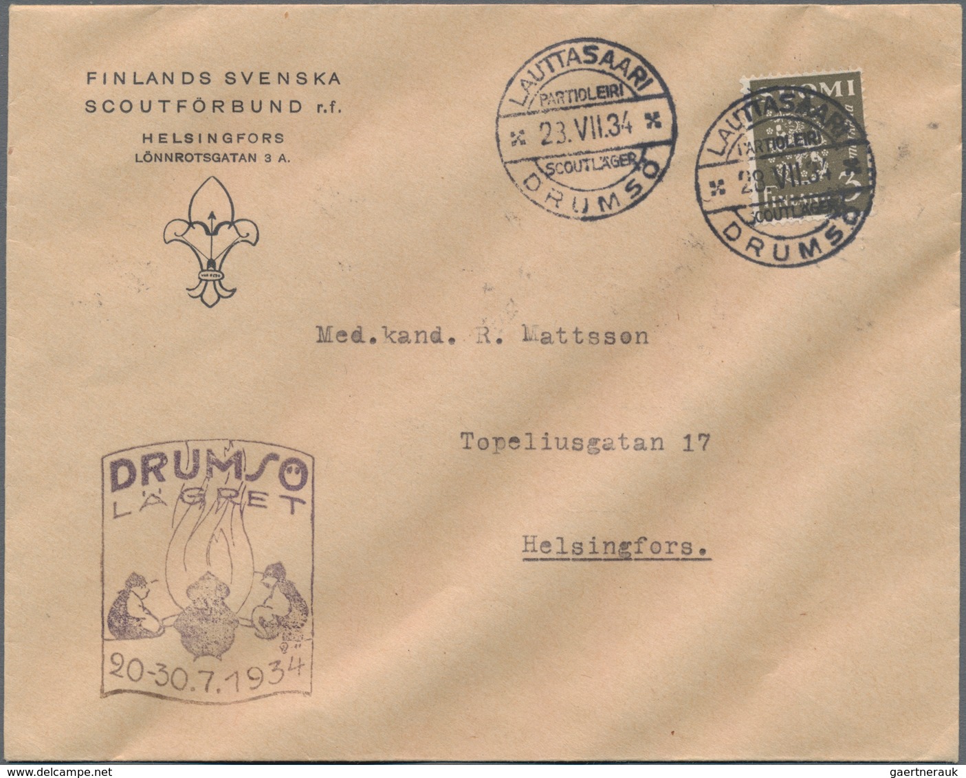 Thematik: Pfadfinder / Boy Scouts: 1934, Finland. Boy Scout DRUMSÖ Cancel (23.VII.34) Twice On Cache - Other & Unclassified