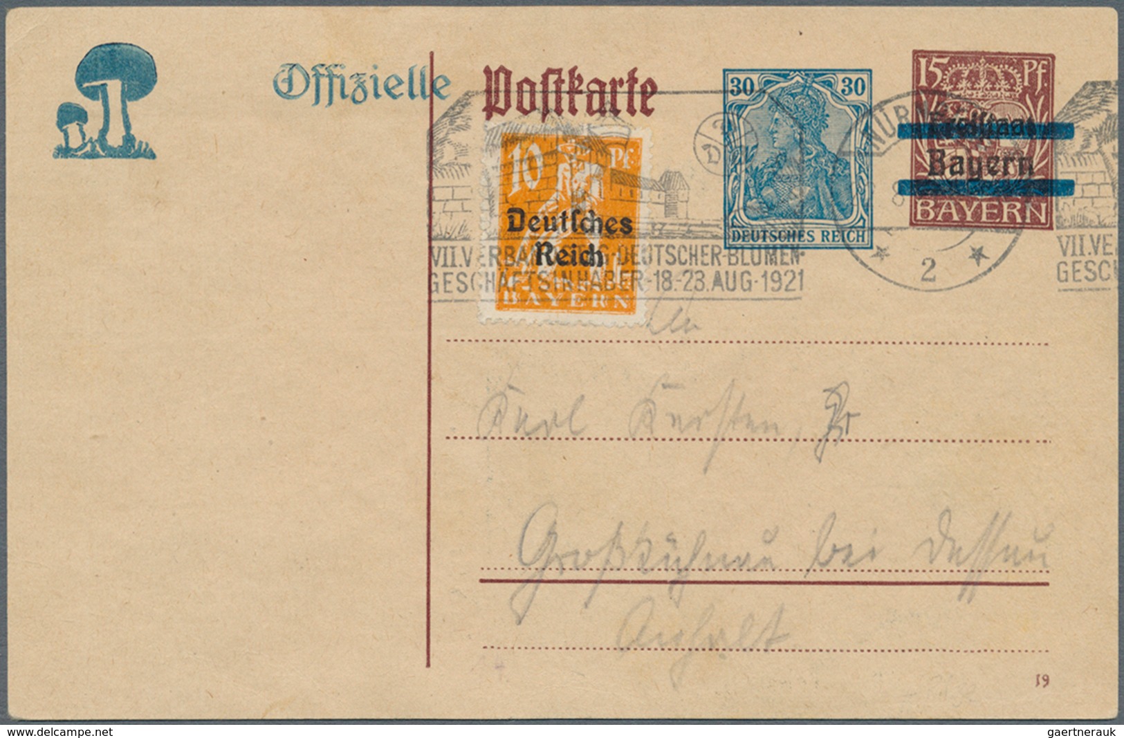 Thematik: Pilze / Mushrooms: 1921, Dt. Reich. Aufbrauch-Postkarte 30 Pf Neben (durchbalkter) 15 Pf M - Paddestoelen