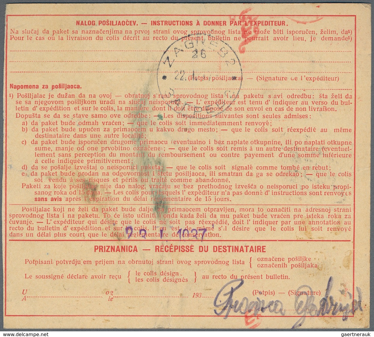 Thematik: Pilze / Mushrooms: JUGOSSLAVIA. 1937. 25p Red/yellowish Parcel Card Accompanying A Heavy P - Mushrooms