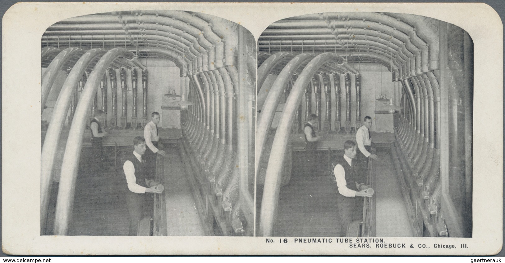 Thematik: Postautomation / Postal Mecanization: 1910/1920, Five Stereopicture Cards Showing "PNEUMAT - Post