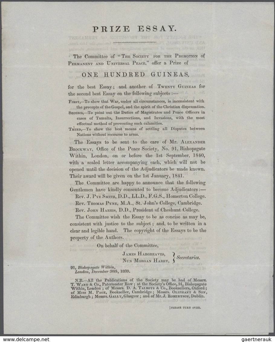 Thematik: Politik / Politics: 1840, England. Folded Letter Containing Pre-printed Text "PRIZE ESSAY - Zonder Classificatie