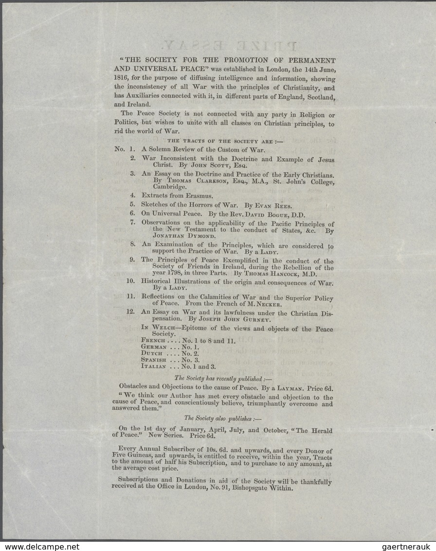 Thematik: Politik / Politics: 1840, England. Folded Letter Containing Pre-printed Text "PRIZE ESSAY - Zonder Classificatie