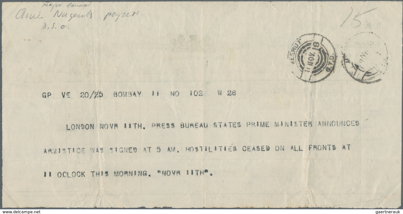 Thematik: Politik / Politics: 1918, World War I. Indian Telegram Annoncing END OF WAR "... Hostiliti - Unclassified