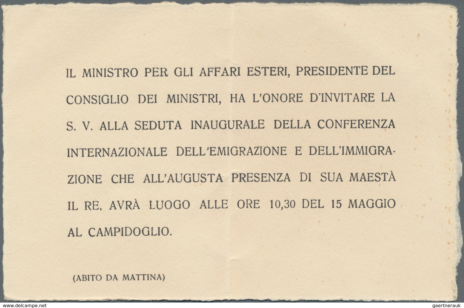 Thematik: Politik / Politics: 1924, Italy. Pre-printed Cover "Conferenza Internazionale Dell'Emigraz - Unclassified