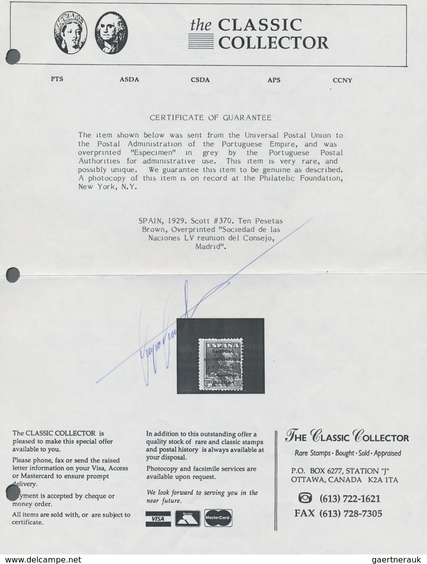 Thematik: Politik / Politics: 1929, Spain. 10 Pesetas, Brown, Overprinted "Sociedad De Las Naciones - Non Classificati