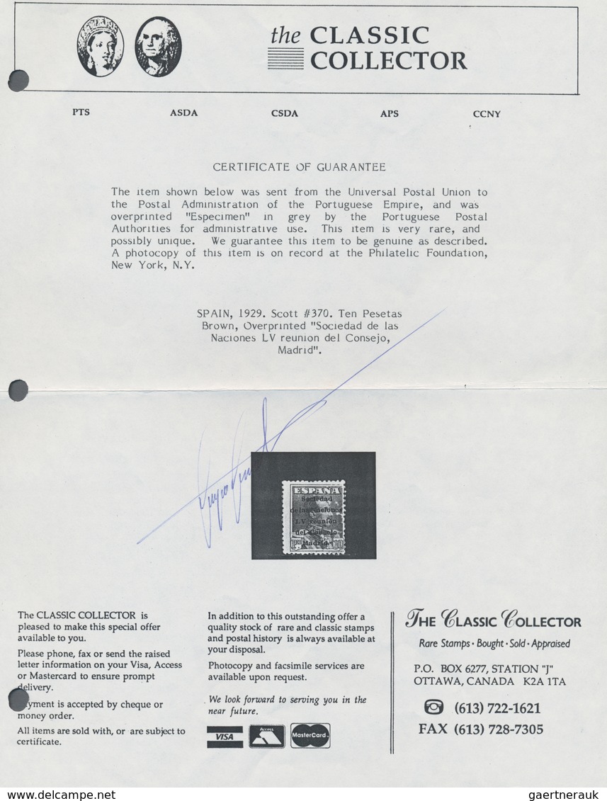 Thematik: Politik / Politics: 1929, Spain. 10 Pesetas, Brown, Overprinted "Sociedad De Las Naciones - Zonder Classificatie