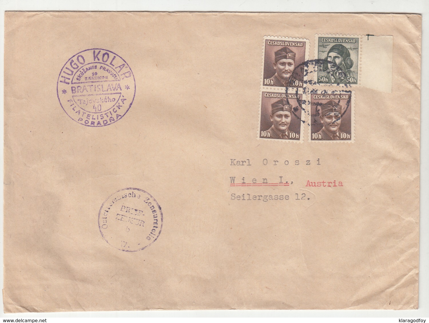 Czechoslovakia Letter Cover Travelled 194? Hugo Kolar Bratislava To Wien Censored D B190601 - Covers & Documents