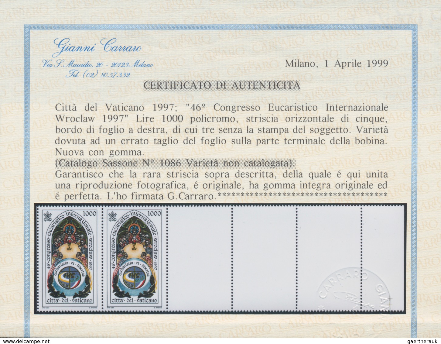 Thematik: Religion / Religion: 1997, Vatikan, 1000 L "Eucharistic Congress", Horizontal Strip Of 5 W - Other & Unclassified