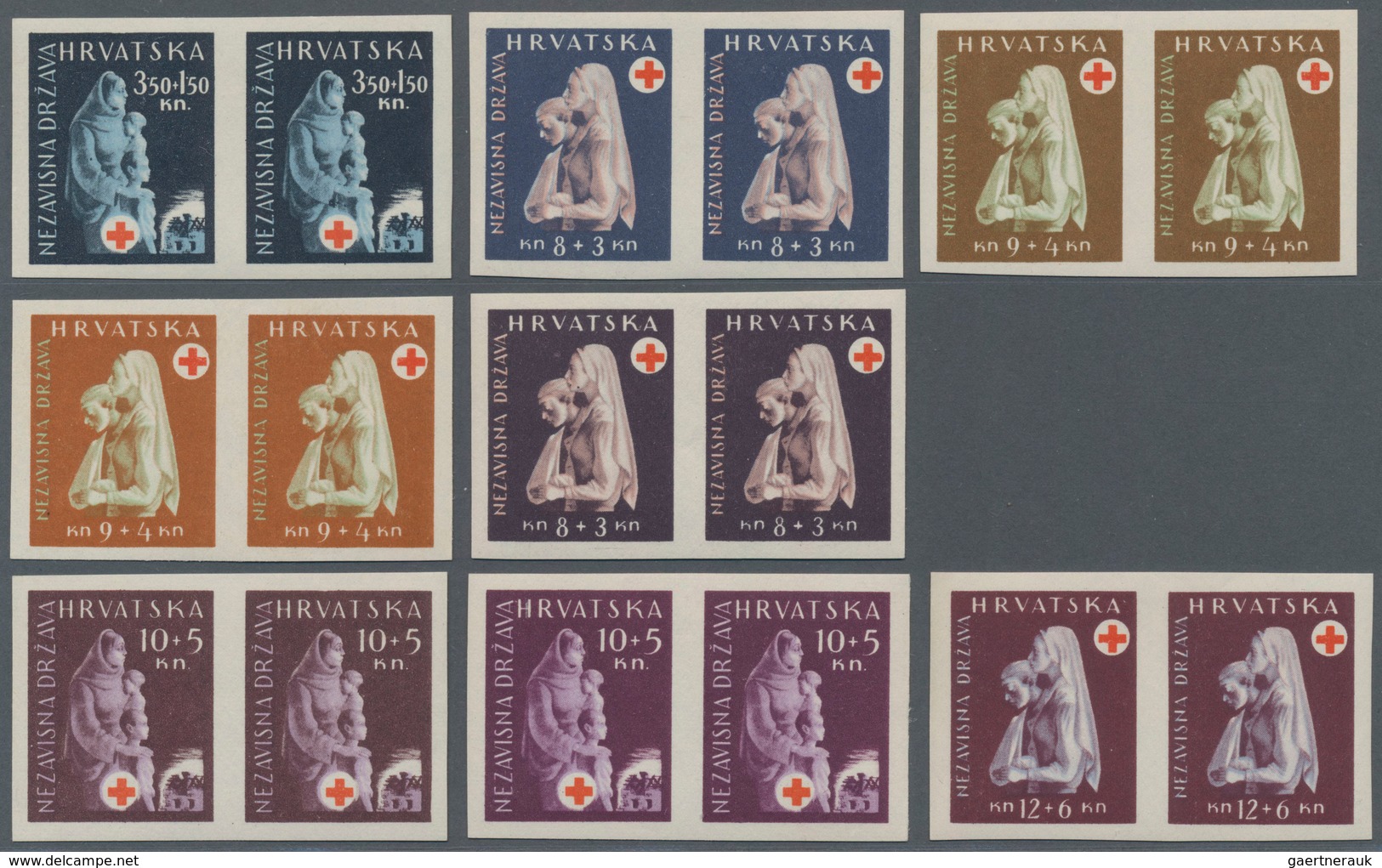 Thematik: Rotes Kreuz / red cross: 1943 (3 Oct). Red Cross Fund. Variety: Set of ten, IMPERF x L11 1