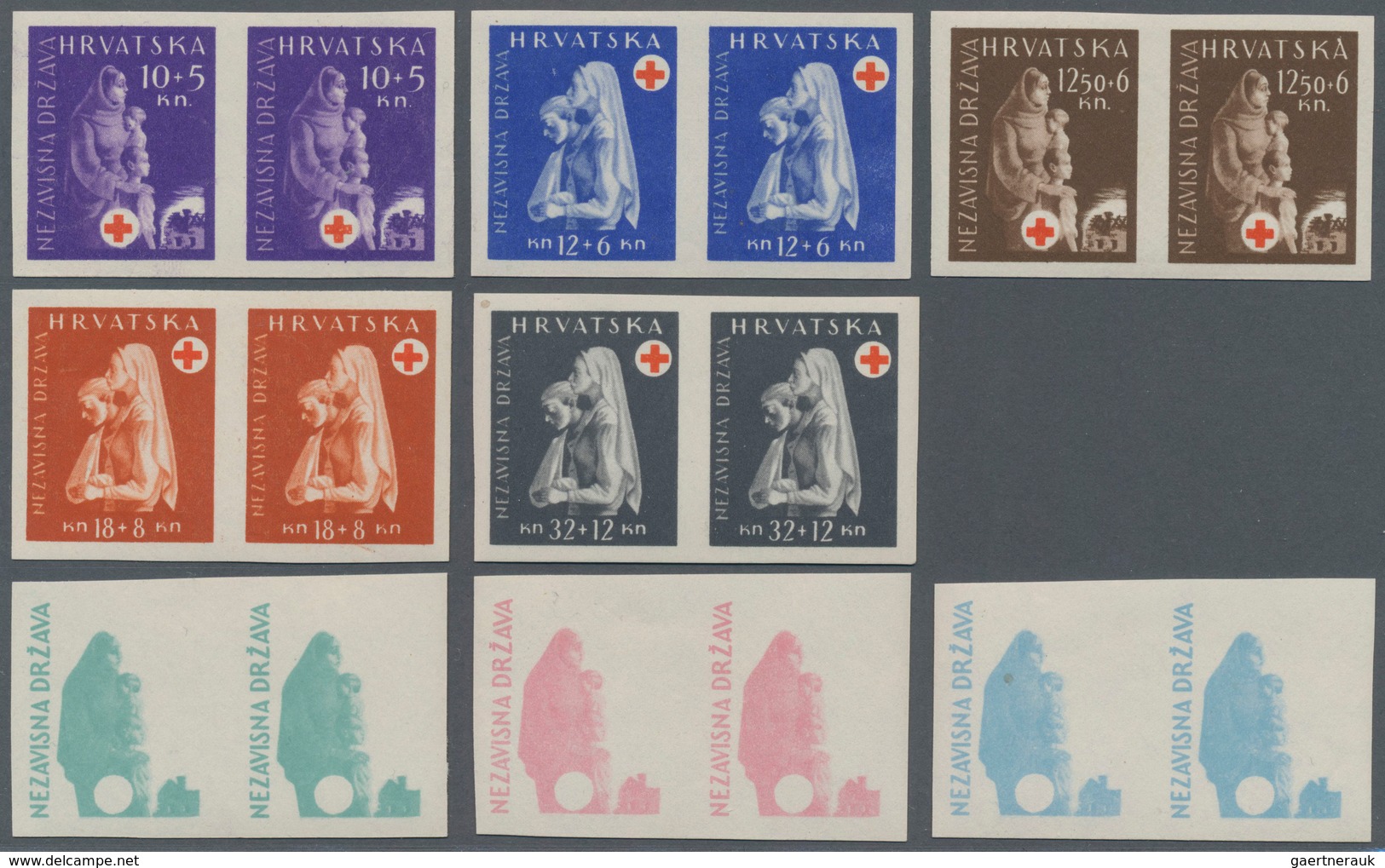 Thematik: Rotes Kreuz / red cross: 1943 (3 Oct). Red Cross Fund. Variety: Set of ten, IMPERF x L11 1