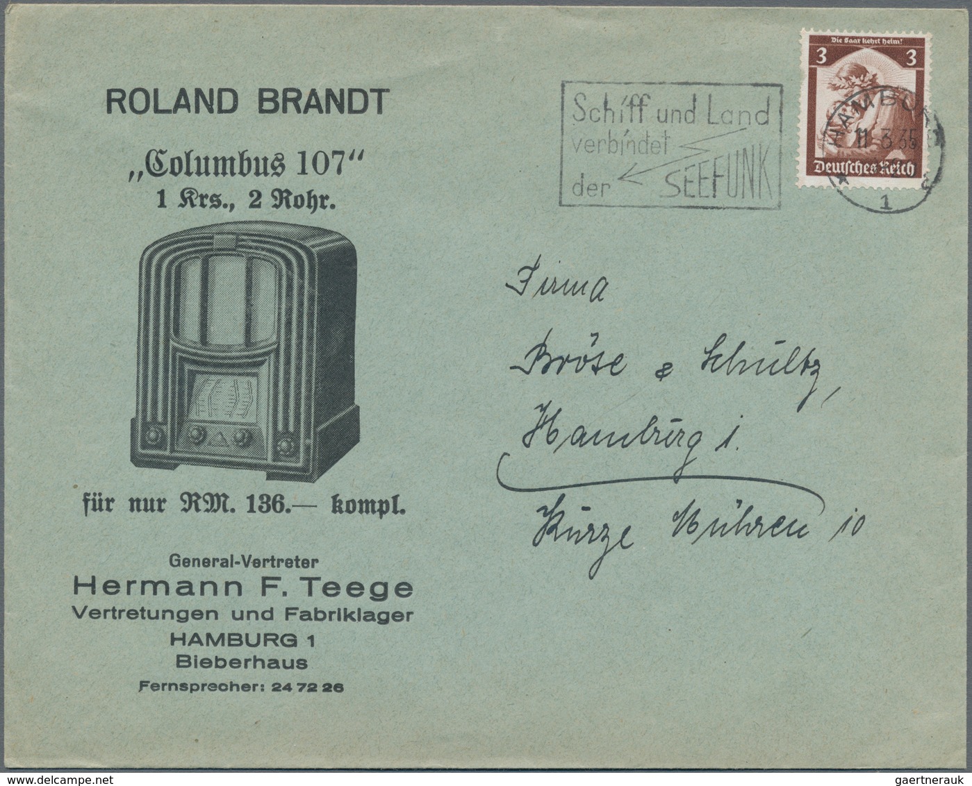 Thematik: Rundfunk-Radio / Broadcasting-radio: 1934/1935, 3 Business Envelopes Advertising Radio Rec - Telecom