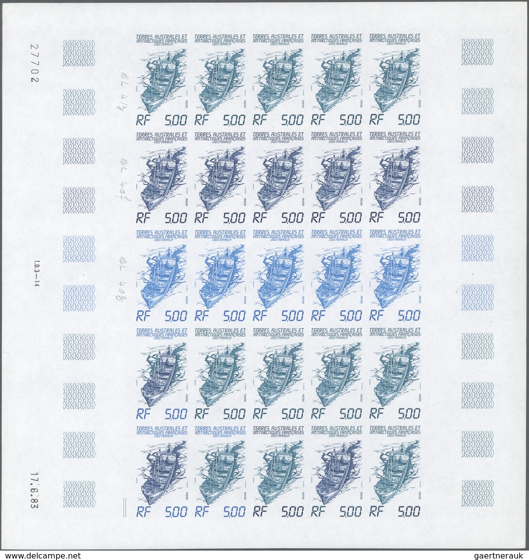 Thematik: Schiffe / Ships: 1983, F.S.A.T. Complete Color Proof Sheet Of 25 For The 5fr Stamp FREIGHT - Barcos