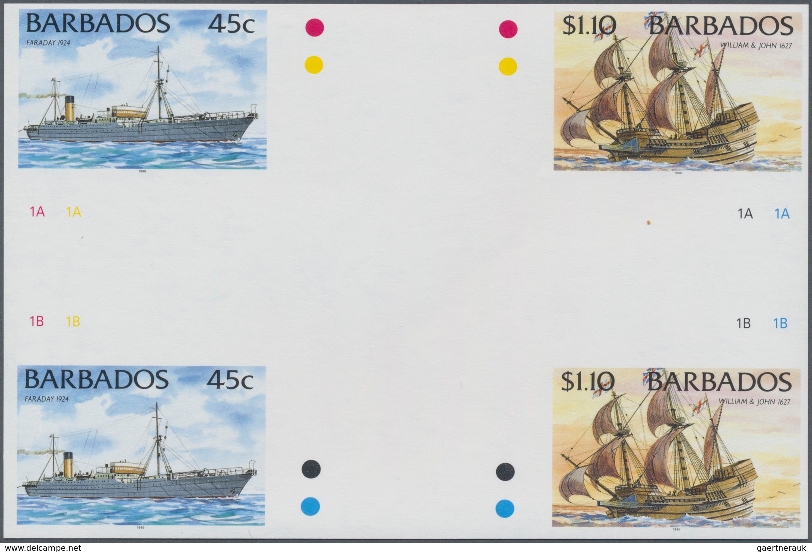 Thematik: Schiffe / Ships: 1996, Barbados. IMPERFORATE Cross Gutter Pair For The 45c And $1.10 Value - Ships