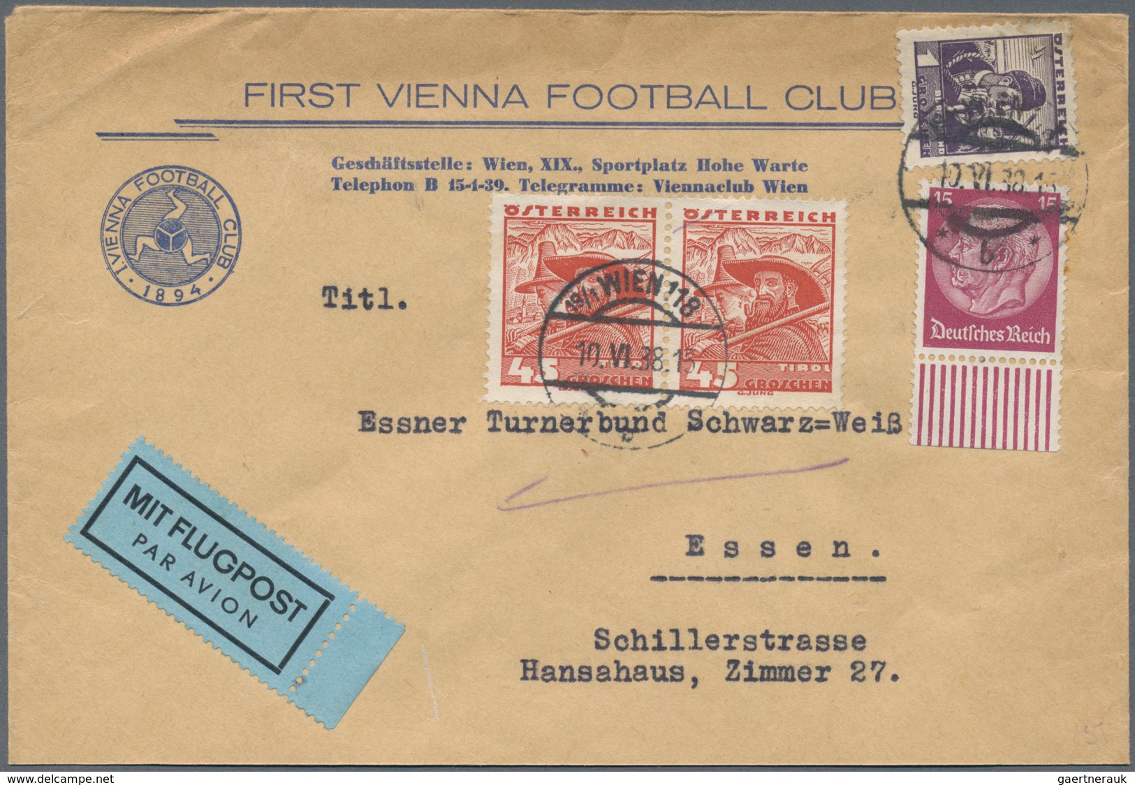 Thematik: Sport-Fußball / Sport-soccer, Football: 1938, "First Vienna Football Club" Sender Of An Ai - Other & Unclassified