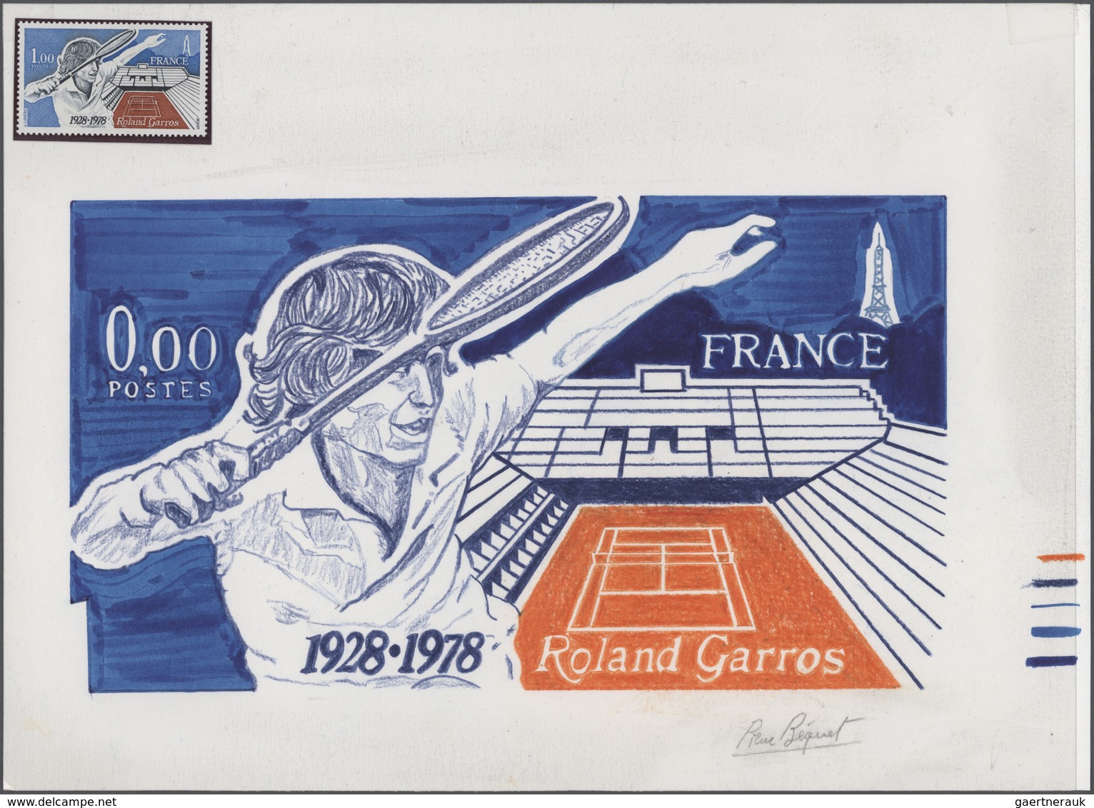 Thematik: Sport-Tennis / Sport-tennis: 1978, France. Artist's Drawing In Blue And Orange For The Iss - Tennis