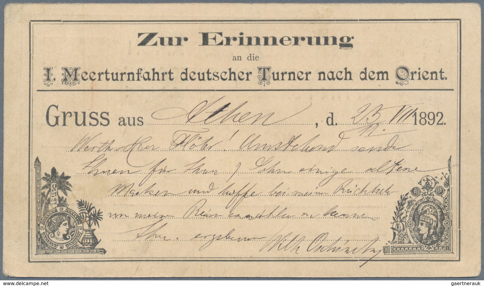 Thematik: Sport-Turnen / Sport-gymnastics: 1892, Dt. Reich / Griechenland. Griechische Postkarte 5 L - Gymnastics