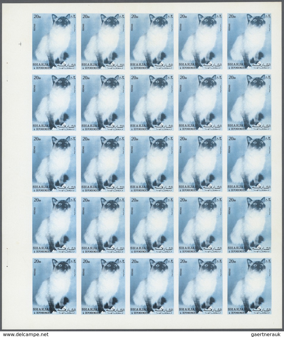 Thematik: Tiere-Katzen / Animals-cats: 1972. Sharjah. Progressive Proof (6 Phases) In Complete Sheet - Domestic Cats