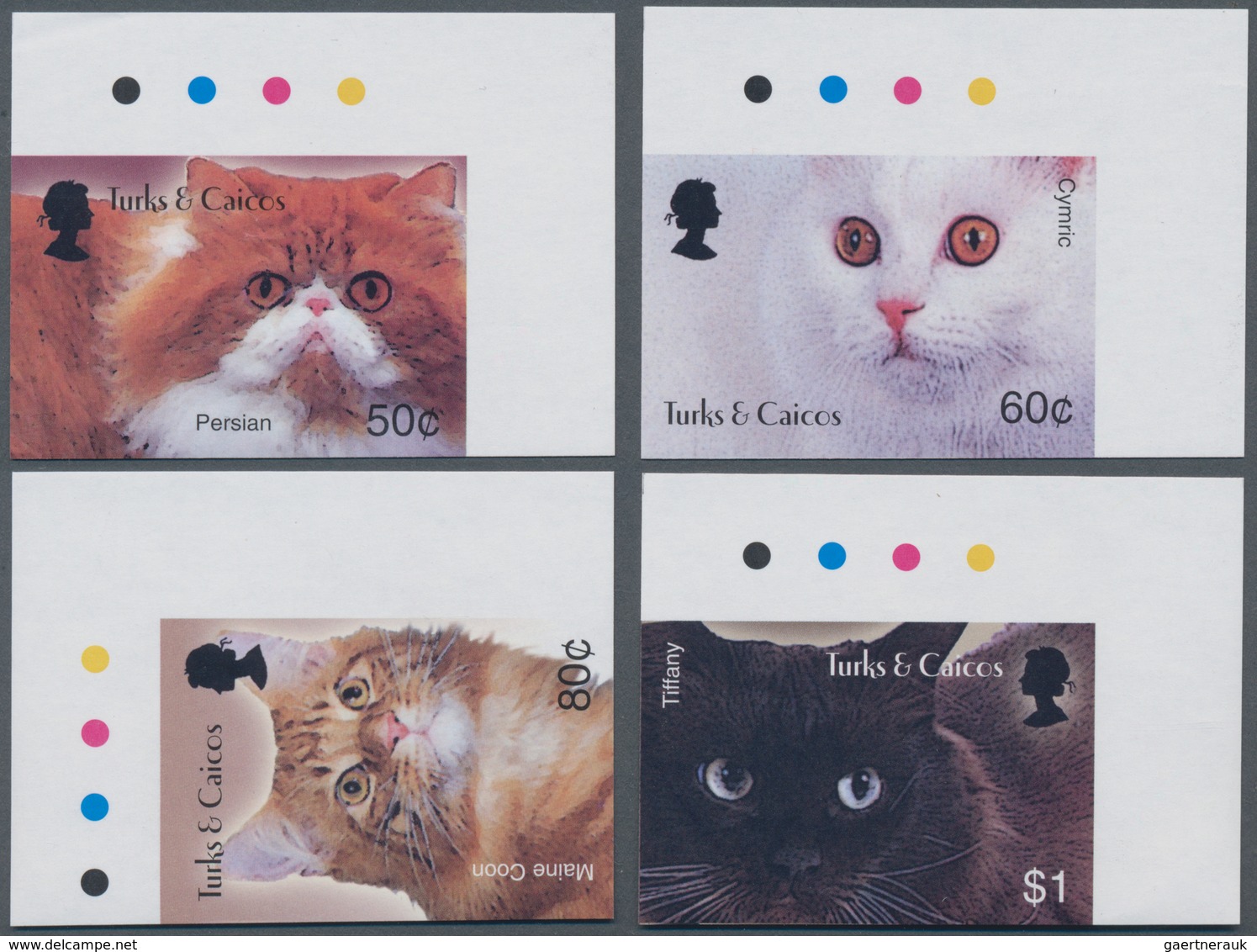 Thematik: Tiere-Katzen / Animals-cats: 2003, TURKS & CAICOS ISLANDS: Cats Complete IMPERFORATE Set O - Domestic Cats