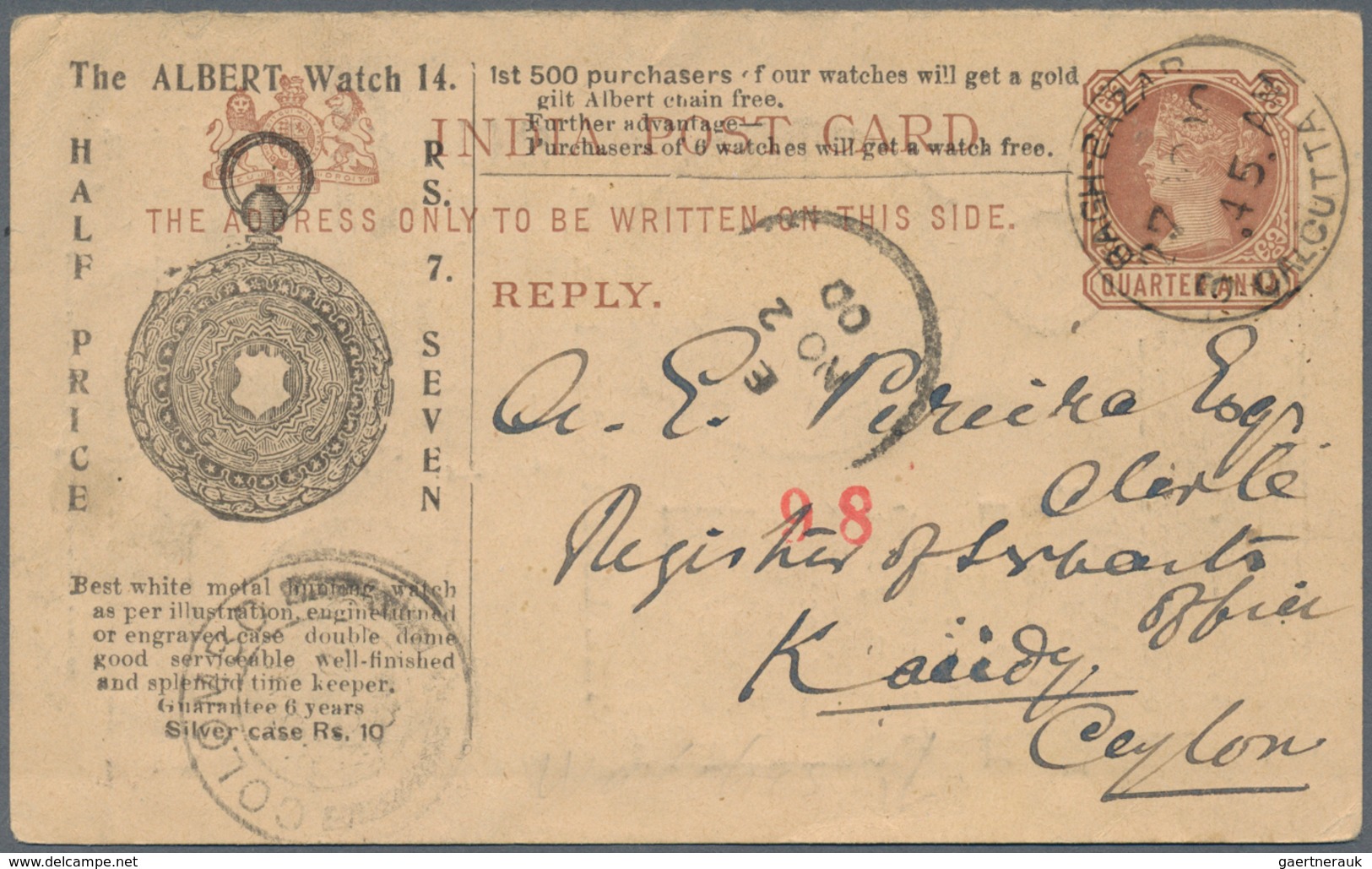 Thematik: Uhren / Clocks: 1900, Stationery Card India "BAGH-BAZAAR CALCUTTA NO 2 00" To Ceylon,with - Clocks