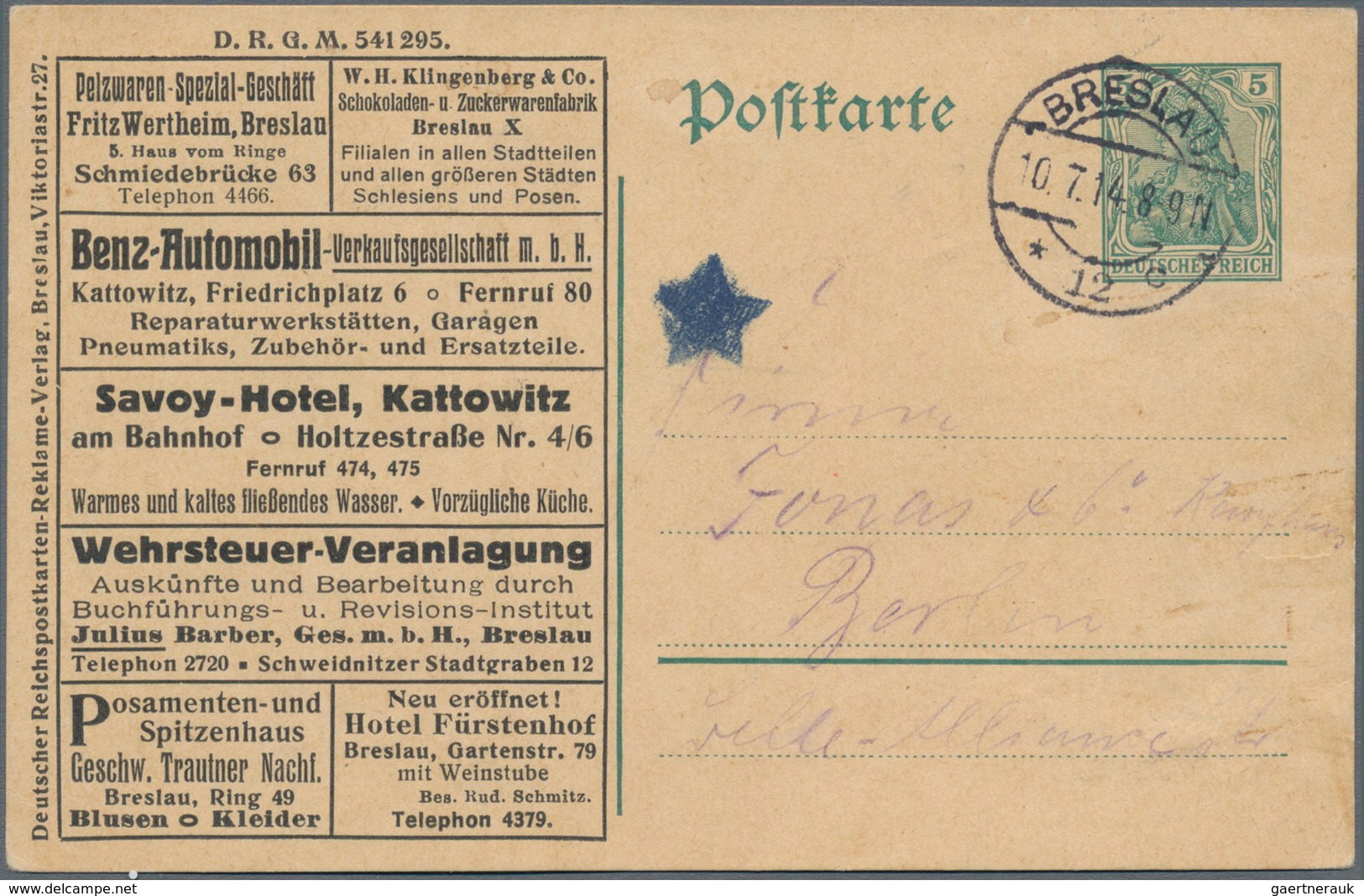 Thematik: Verkehr-Auto / Traffic-car: 1914, German Reich. Entire Postcard 5 Pf Germania On The Front - Cars