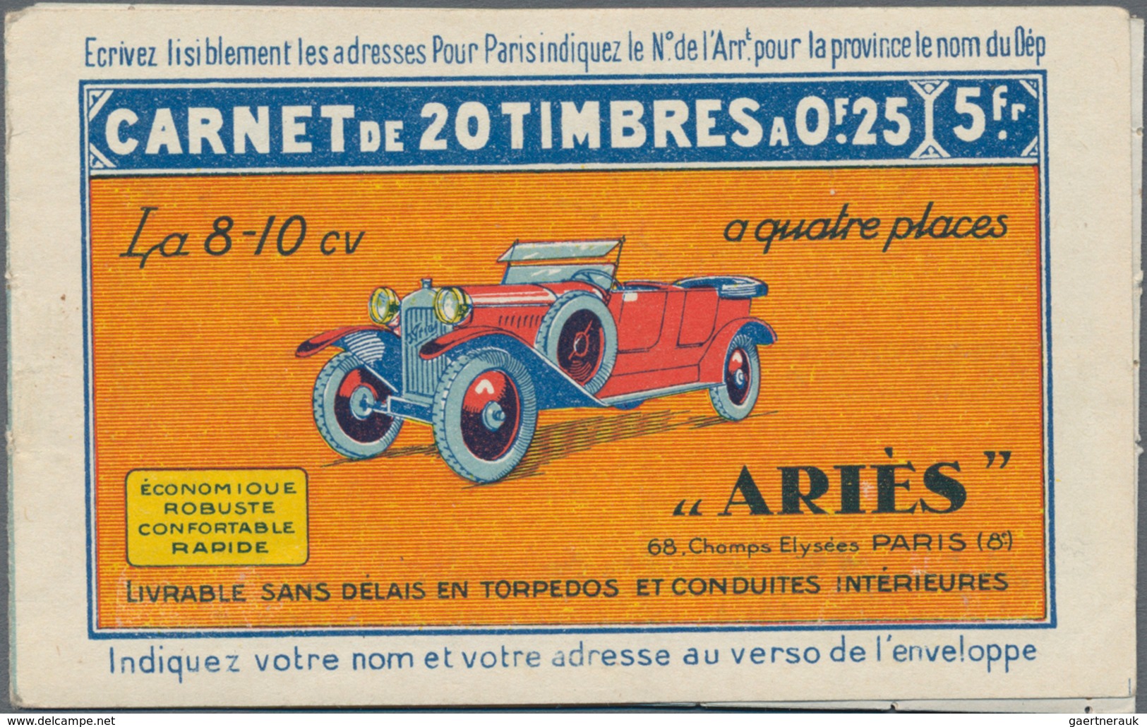 Thematik: Verkehr-Auto / Traffic-car: 1922 (approx), France. Unclamped Stamp Booklet "Bisquit 4 Fois - Cars