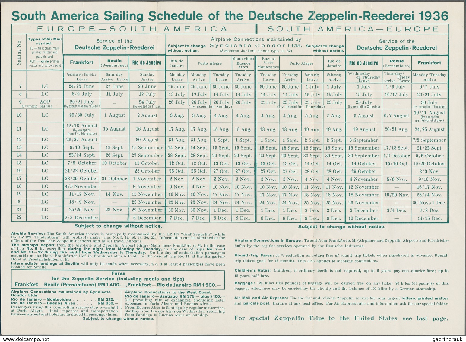 Thematik: Zeppelin / Zeppelin: 1936. Original Schedule Of All Hindenburg LZ129 Zeppelin Flights For - Zeppelins