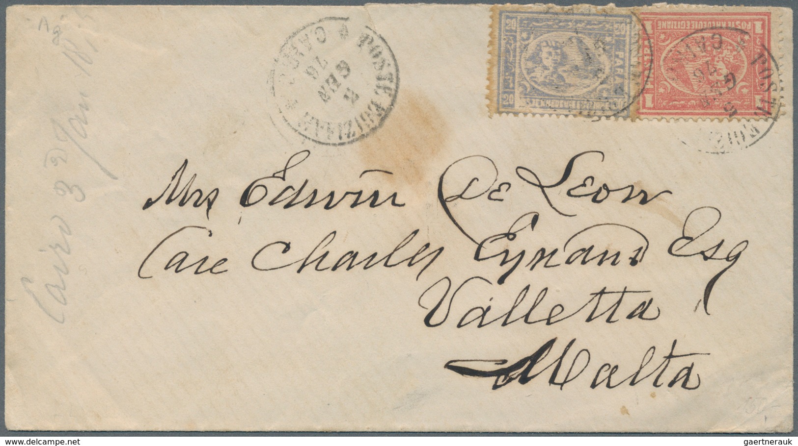 Ägypten: 1876 Cover From Cairo To MALTA, Franked By 1872-75 20pa. Grey-blue And 1pi. Rose Tied By "P - 1866-1914 Khedivato De Egipto