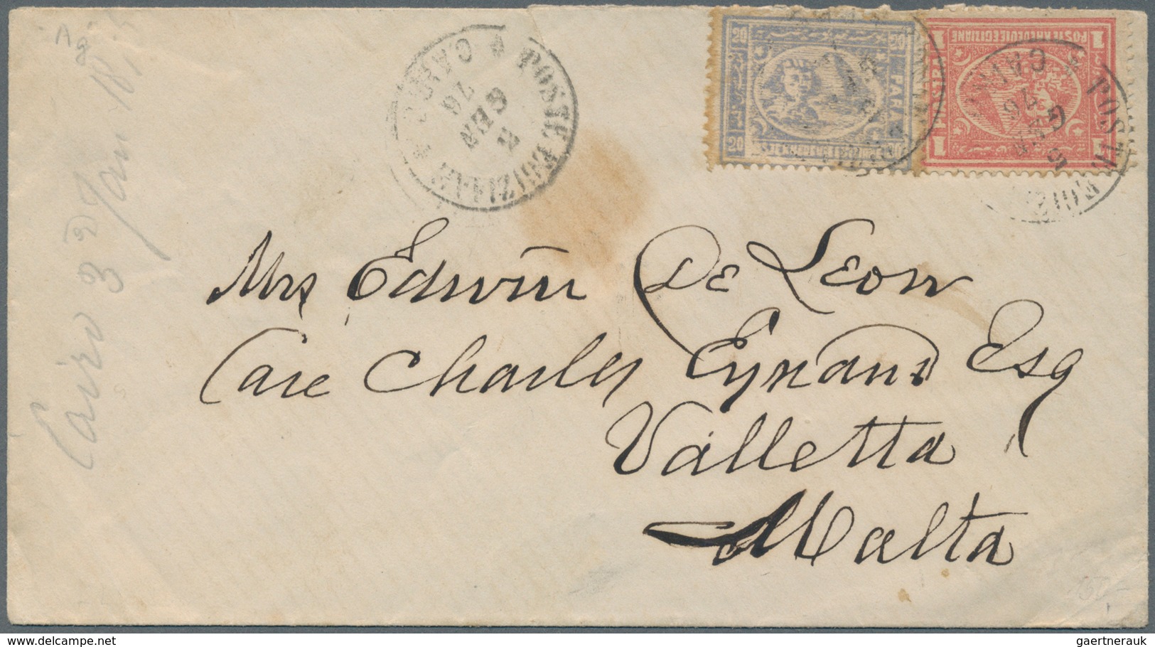 Ägypten: 1876 Cover From Cairo To MALTA, Franked By 1872-75 20pa. Grey-blue And 1pi. Rose Tied By "P - 1866-1914 Khedivaat Egypte