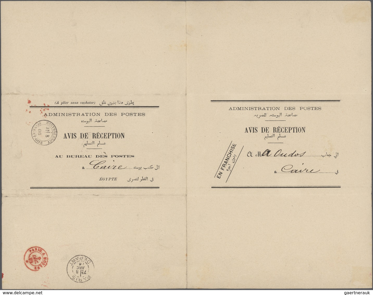 Ägypten: 1886, "AVIS DE RECEPTION" Notice Of Receipt For Registered Letter Bearing 1 Pia. Blue Tied - 1866-1914 Khedivato De Egipto