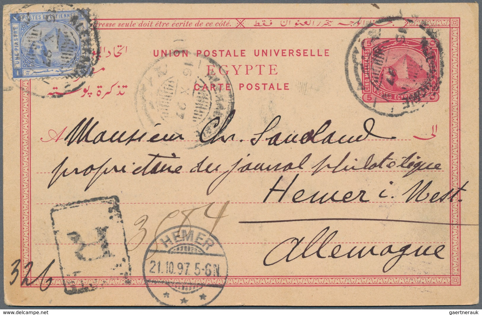 Ägypten: 1897/1909 Registered Mail To Germany: Postal Stationery Card 5m. Uprated 1pi. Ultramarine A - 1866-1914 Khedivaat Egypte