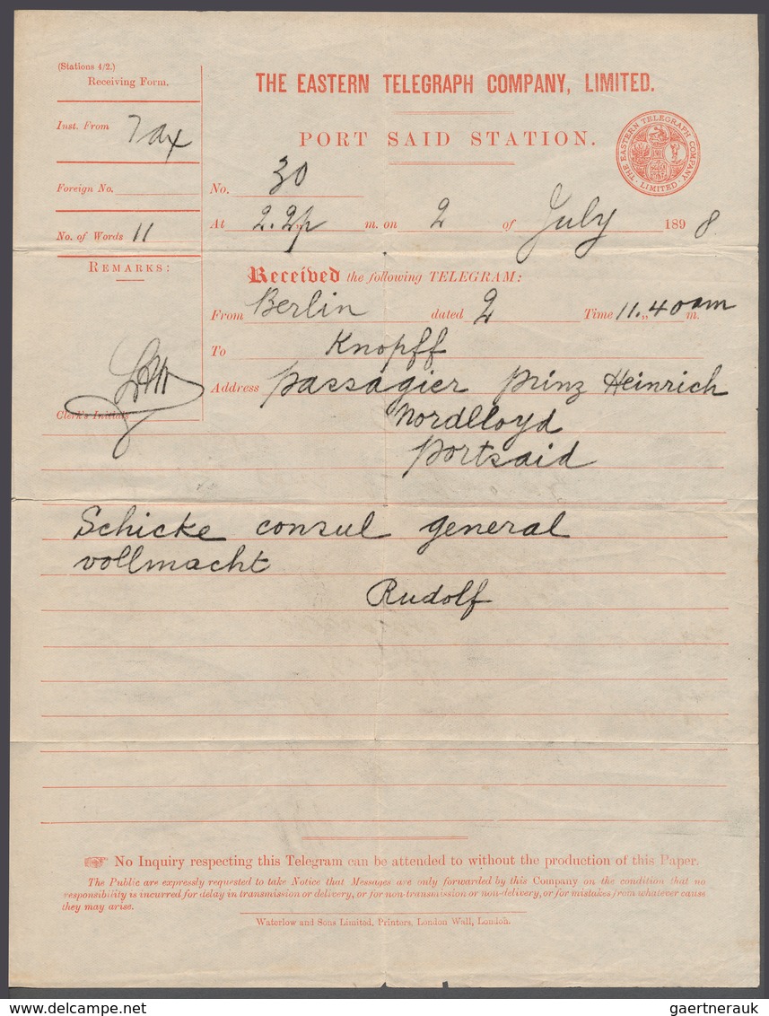 Ägypten: 1898, Rare Shipping-telegram (form And Envelope) "The Eastern Telegraph Company - Port Said - 1866-1914 Khedivato De Egipto